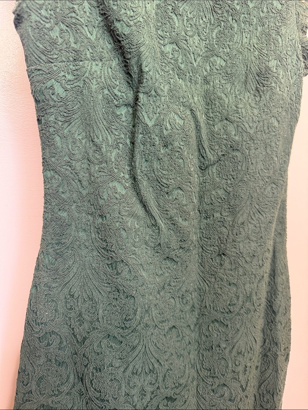 Zara Forest Green Textured Cap-Sleeve Sheath Crochet Lace Rhinestone Mini Dress - Picture 3 of 7